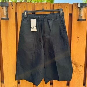 ZARA. NWT. Long Black Shorts. Elastic Waist. Drawstring.Cotton/Linen Ble…